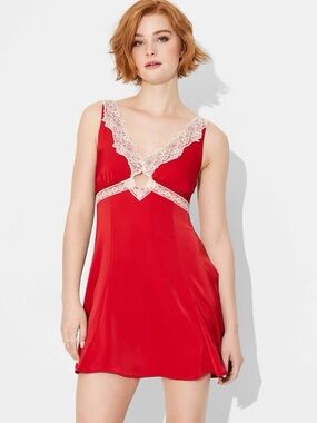 wild fable Red Chemise with Cream Lace Trim